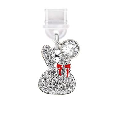 Imagem de ELISE & FONDA TP548 Tipo-C porta de carregamento antipoeira plugue coelho de cristal coelho com laço pingente de celular para iPhone 15/16/Samsung/OnePlus/Xiaomi/oppo telefones Android (vermelho