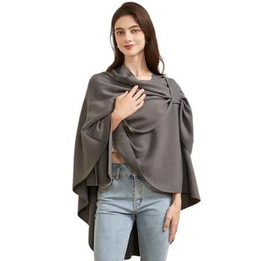 Imagem de Huralona Cardigã feminino aberto/frente cruzada envoltório cor sólida poncho ruana capa plus size para outono inverno, Cinza claro, Tamanho Único