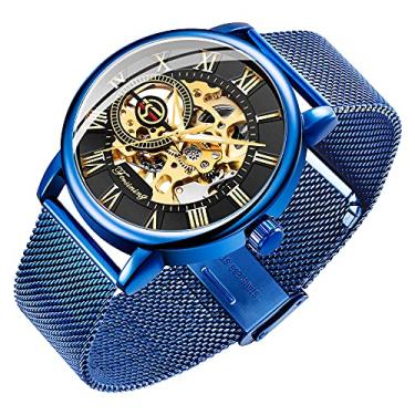 Imagem de Dentily Relógio Esqueleto Masculino Clássico Numeral Romano Steampunk Relógio Mecânico Relógio Masculino com Vento Manual (Azul), Azul e preto, Mecânico