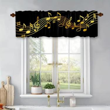 Imagem de Cortinas para janela com tema de música moderna, preto e dourado, símbolo, notas, padrão, cortina curta para cozinha, sala de estar, banheiro, janelas, bolso para varão 137 x 45 cm