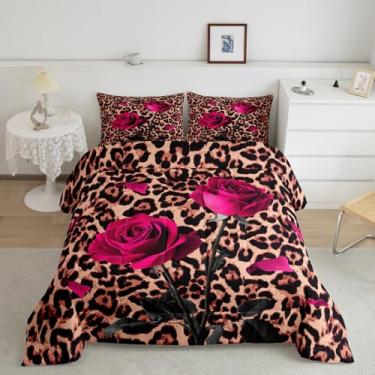 Imagem de Jogo de cama com estampa de leopardo para meninos e meninas, estampa de guepardo selvagem, todas as estações, tamanho casal, conjunto de edredom de flor rosa rosa, decoração de quarto, presentes de