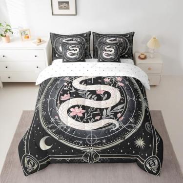 Imagem de Conjunto de edredom King com estampa de cobra para adolescentes, adulto, 7 peças, boêmio, sol, lua, edredom com edredom, fronha e fronha, rosa, pêssego, céu estrelado, decoração de quarto