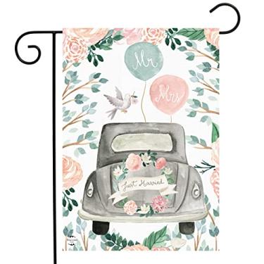 Imagem de Just Married Bandeira de jardim floral dia do casamento Sr. & Mrs. 12,5" x 18" Briarwood Lane