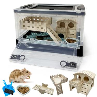 Imagem de Niwaes Kits de gaiolas dobráveis para hamster anão, pacote com 6, gaiolas portáteis para ratos com rodas -Visualização de 360° Habitat de plástico transparente e casa de castelo de rato, plataforma,