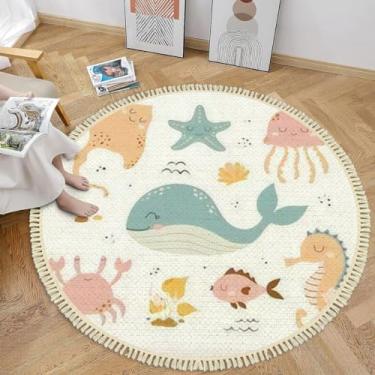 Imagem de Tapete com borlas redondas de 1,2 m, fofo, bebê, peixes-marinhos, caranguejo, arraia, desenho animado, animais subaquáticos, boho, círculo, para sala de jogos, berçário, sala de estar, quarto de