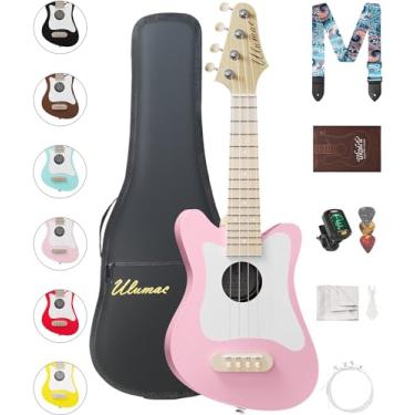 Imagem de Ulumac Ukulele Soprano, formato elegante com pickguard branco Spruce 54,6 cm ukelele kit iniciante com gig bag, afinador digital, substituição de cordas, 3 palhetas de guitarra, alça, pano, rosa,