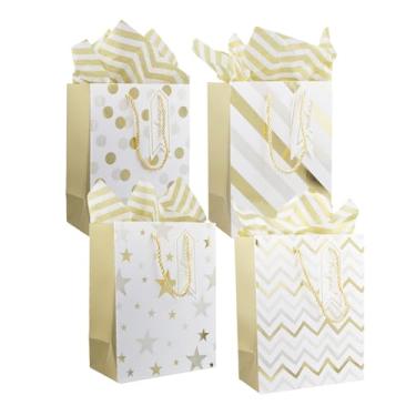 Imagem de 4 sacos de presente de 23 cm tamanho médio com papel de seda ouro branco sacos de presente de papel embrulhado com alças para aniversário, compras, casamento, presente de feriado (ouro)