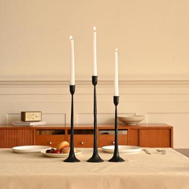 Imagem de Conjunto de 3 castiçais, castiçais pretos de ferro, serve para velas de 0,9 cm de espessura, castiçais afunilados para mesa de jantar, casamento, decoração de casa