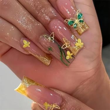 Imagem de RTKHFZE Unhas Postiças Quadradas De Acrílico Com Glitter Dourado E Longa Duração, Ponta Francesa, Desenhos Borboletas Strass, Cola Cobertura Total Para Decoração Femininas