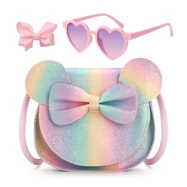 Imagem de LJCTULY Bolsa infantil para meninas - Bolsa tiracolo com laço de orelha de rato pequeno - Bolsa fofa para crianças de 2 a 8 anos - Conjunto de presente de aniversário para meninas (arco-íris)