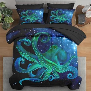 Imagem de Pamnest Jogo de lençol solteiro com estampa de estrela, azul e polvo azul, 5 peças, para crianças e adultos, lençol com elástico, fronha e lençol com elástico para decoração de quarto