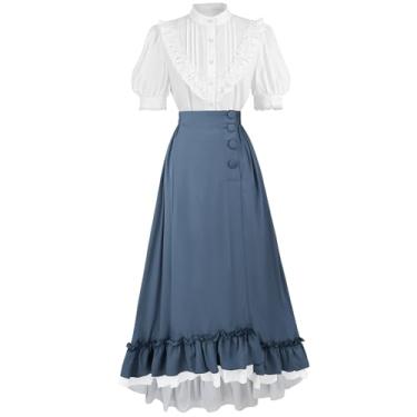 Imagem de FCCAM Vestido vitoriano para mulheres, maxi vestido de baile eduardiano, fantasia medieval, vestido renascentista, Azul 2 peças, XXG