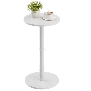 Imagem de Homleke Mesa lateral redonda, coluna de madeira maciça com parte superior e base de madeira, mesa pequena para sala de estar, quarto, sofá e escritório, fácil montagem, branca