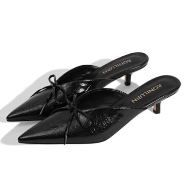 Imagem de RONILURN Salto gatinho feminino salto alto mules stiletto bico fechado bico fino salto baixo moderno metálico frente única festa de formatura elegante, Preto, 35