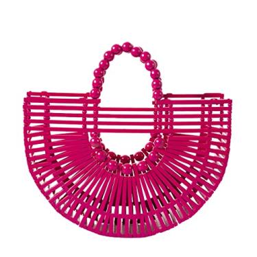 Imagem de Bolsa feminina de bambu com contas de madeira, bolsa de palha feita à mão para praia de verão, Vermelho rosa, Large