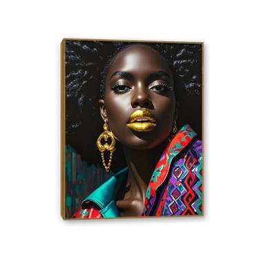 Imagem de Arte de parede de menina negra afro-americana colorida preta africana com lábios emoldurados para sala de estar quarto decoração de casa 50 x 40 cm (20 x 16 pol.) Moldura de teca