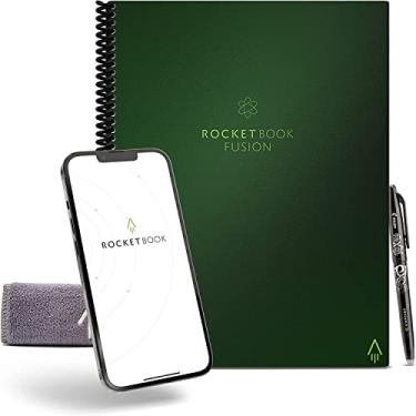 Imagem de Rocketbook Caderno reutilizável Fusion Smart – calendário, listas de tarefas e páginas de modelo de notas com 1 caneta Pilot Frixion e 1 pano de microfibra incluído – capa verde terrestre