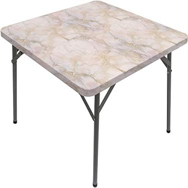 Imagem de CESGFC Toalha de mesa de mármore, fundo de mármore rosa e pêssego, borda elástica, adequada para piquenique de festa na cozinha, adequada para mesa quadrada de 140 x 139 cm, bege pêssego