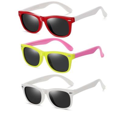 Imagem de DYLB Óculos de sol polarizados infantis para meninas e meninos, pacote com 3, armação de borracha flexível TPEE para crianças de 3 a 8 anos., Vermelho, branco, amarelo, rosa + branco, Medium