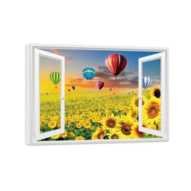 Imagem de Quadro de Parede Janela Falsa-Paisagens Impressões em Tela-Sunflower Balloon-Natureza Pinturas Decoração 50x70cm-19x27in Tela Embrulhada