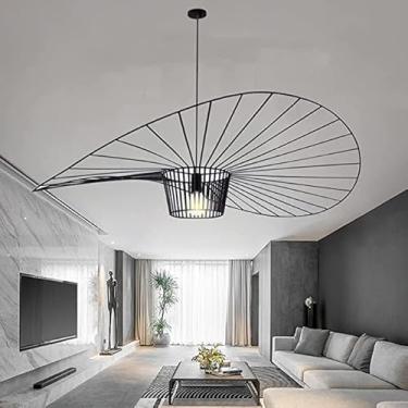 Imagem de Vertigo Pendente Suspensões Retro Lustre Para Sala De Estar Sala De Jantar Linha De Poliuretano De Fibra De Vidro Chapéu Sombra De Lâmpada, Cabo Ajustável E27, Black, 80cm