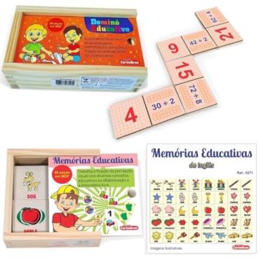 Imagem de Kit Educativo Matemática e Vocabulário Bilíngue - Dominó de Multiplicação + Memória de Inglês – Carimbrás