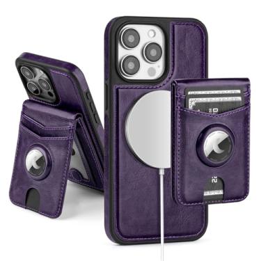 Imagem de SkyEagle Capa carteira compatível com MagSafe para iPhone 15 Pro com suporte para AirTag, 2 em 1, de couro PU, magnético, destacável, com bloqueio de RFID, suporte flip para homens e mulheres, roxo