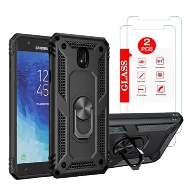 Imagem de Capa para Samsung Galaxy J7 2018 com [2 unidades] protetor de tela de vidro temperado, para Galaxy J7 (2018) armadura resistente [grau militar] protetora, capa com suporte magnético preta