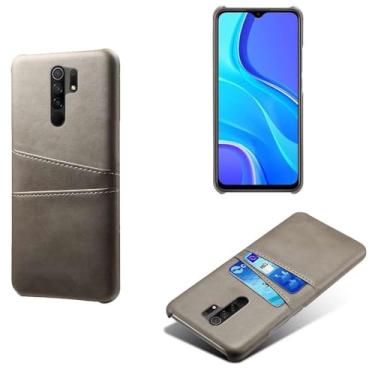 Imagem de Capas Compatível com Xiaomi Redmi 9 Prime,Caso de couro PU-Tampa de telefone a prova de choque com 2 slots de cartão,Proteção anti-impressão digital e anti-gota-Grey