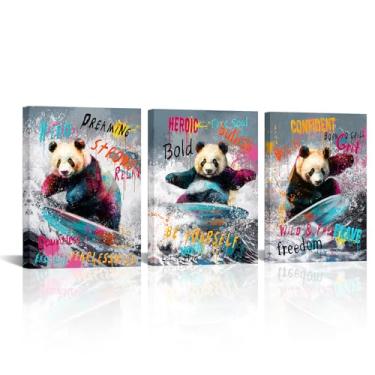 Imagem de Canvbay Panda Graffiti Canvas Wall Art Animal Surfing Street Art Impressão Pop Banksy Surf Poster emoldurado para quarto de crianças quarto banheiro decoração 30 x 40 cm x 3 peças