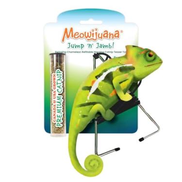 Imagem de Meowijuana Jump 'n' Jamb Door Hanging Cat Toy | Camaleão | Brinquedo de erva de gato interativo recarregável | Promove brincadeiras e saúde do gato | Inclui erva de gato potente cultivada na América
