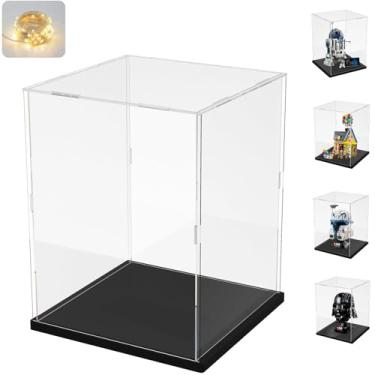 Imagem de Caixa de acrílico transparente, espesso, proteção de colecionáveis, Lego 75379, 43217, 75304, 75349, 75350, base de madeira e plástico, pisca-pisca, interior preto, 20 x 20 x 30 cm