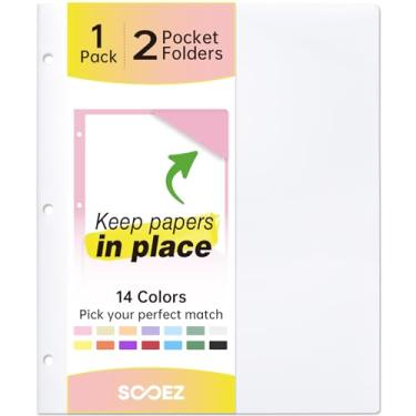 Imagem de Sooez Pastas de 2 bolsos, pastas de plástico com bolsos perfurados com 3 furos, 1 pacote de pastas para fichário de 3 anéis com etiquetas, pasta de fichário resistente para documentos, pasta de