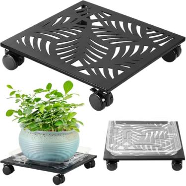 Imagem de 1 pacote de 34,3 cm de metal quadrado organizador de plantas com rodas grande suporte de rolamento de ferro com rodízios planta resistente Dolly Coaster vaso de plantas mover base de rolo para