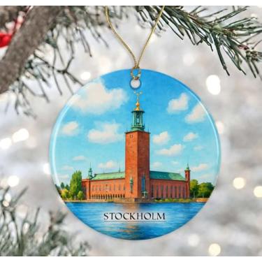 Imagem de Enfeite de aquarela Estocolmo Suécia - Lembrança de Natal de cerâmica - Aniversário de lua de mel - Lembrança de viagem - Presente de inauguração de casa - Presente para amantes de Estocolmo impresso