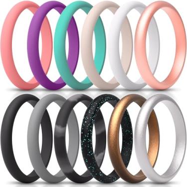 Imagem de ThunderFit Anel feminino fino e empilhável de silicone, alianças de casamento de silicone, 2,5 mm de largura e 2 mm de espessura, pacote variado 1-12, 7.5 - 8 (18.2mm), Silicone, Sem pedra preciosa