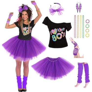 Imagem de Conjunto de fantasias femininas dos anos 80 com acessórios de saia tutu roxa, colares, pulseiras, luvas arrastão e faixa de cabeça 2GG (14-16)