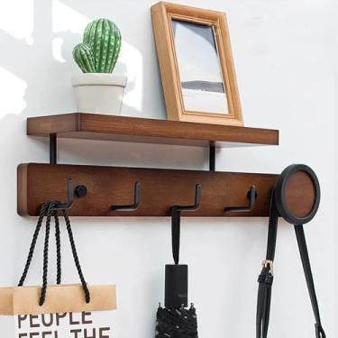 Imagem de Cabide De Parede Com Prateleira - Ganchos De Cabide Com Prateleiras Cabide De Madeira Para Armário De Entrada Quarto Banheiro Quarto Armazenamento De Parede, Brown, 49.5 * 6cm