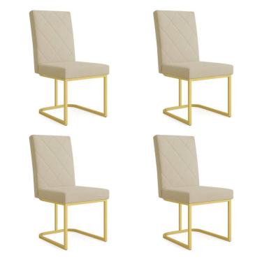 Imagem de Kit 04 Cadeiras de Jantar Estofada Siena Linho Base de Ferro Dourada - Pallazio