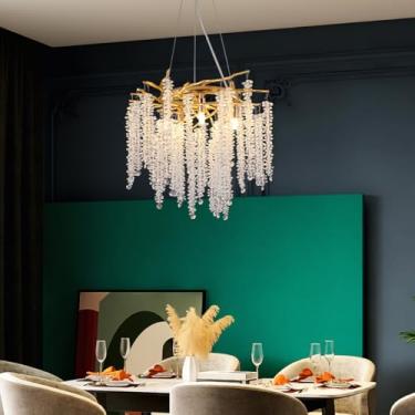 Imagem de Puvaue Lustres de Ramos de Árvore Luxo Redondo Gota de Chuva Pingente de Cristal Luminária 8 Luzes Borlas de Teto para Sala de Jantar Quarto Sala de Estar Entrada 40 cm Ouro