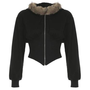 Imagem de Casaco Feminino Com Capuz E Gola De Pele Preta Slim Fit Casual Harajuk