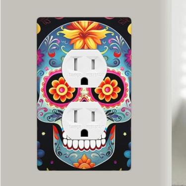 Imagem de Placa de parede decorativa para tomada 1 gangue placa de parede dupla placa de parede com caveiras de açúcar capa de interruptor de luz decorativa placa de parede 12,7 cm x 7,6 cm termoplástico