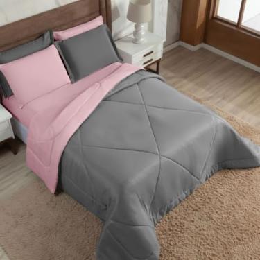 Imagem de Kit Edredom Casal Queen 3 Peças Dupla Face com Fronha Macia para Cama e Quarto (Cinza/Rosa,Edredom 01 Peça)
