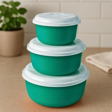Imagem de Kit 3 Potes Plástico Redondos P M G Com Tampa Branca Trio Cozinha Orga