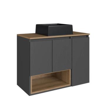 Imagem de Gabinete Suspenso 80cm Cecília Mel Grafite Porta Cuba Preta Em Mármore Sintético e Nicho De Banheiro