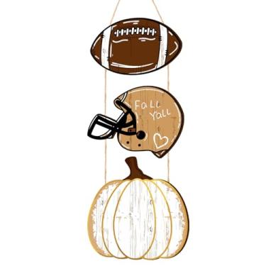 Imagem de Geelin Cabide de porta de futebol americano de outono – Placa de rúgbi de casa de fazenda de madeira com decoração de capacete e abóbora, arte de parede com nó de laço rústico para outono, dia de Ação