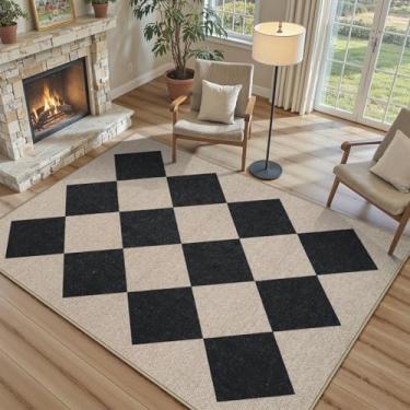 Imagem de Collive Tapete xadrez de juta fácil, tapetes laváveis modernos de 10 x 15 cm para sala de estar, diamante preto, tapete de pátio, antiderrapante, para sala de jantar, tapete de entrada de pilha baixa