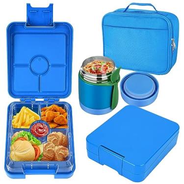Imagem de Howeemo Conjunto De Lancheira Bento Infantil Com Recipiente Térmico Para Sopa 280 Ml, Recipientes À Prova Vazamento 4 Compartimentos, Pote Comida Quente E Bolsa Térmica A Escola, Sem Bpa (Azul)