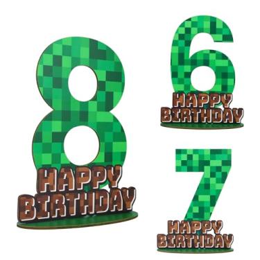 Imagem de Centro de Mesa com Placa Aniversário em Formato Pixel, Decoração de Mesa Madeira Verde e Marrom com Base Decoração Criativa para Festa Aniversário (Número 8)