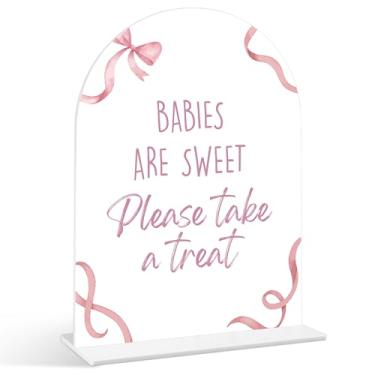 Imagem de Placa Babies Are Sweet Please Take a Treat - Placa de chá de bebê com laço rosa, 1 pacote de placa de acrílico com suporte, decoração de mesa de festa reveladora de gênero, suprimentos de chá de bebê